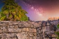 Gray iguana sitting on the stone wall of Mayan Ruins of The Castle in Tulum, Riviera Maya, Yucatan, Caribbean Sea, Mexico with Royalty Free Stock Photo