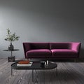 Gray interior with blank wall, purple sofa and decor. Royalty Free Stock Photo