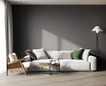 Gray interior with white sofa, armchair, coffee table and decor. 3d rendering Royalty Free Stock Photo