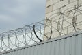 Gray iron barbed wire on metal fence wall outdoors