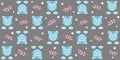 Gray kids seamless pattern with cute blue tiger cub face with paws, pink twigs and small white stars