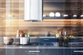 Gray kitchen countertop in wooden room, double