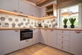 Gray kitchen in a wooden apartment in the mountains