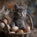 - gray kitten in a basket with eggs, genitive ai. Royalty Free Stock Photo