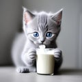 Gray kitten drinking milk from a glass,generated illustration with AI