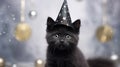 Cat in a shiny cap. Kitten celebrates New Year or Christmas