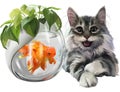 Gray kitten and goldfish watercolor painting