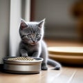 Gray kitten with pet food beach,generated illustration with AI Royalty Free Stock Photo