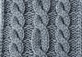 Gray knitted fabric featuring a cable knit pattern. The design consists of interwoven twists and Royalty Free Stock Photo