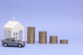 Gray machine model and home with coins in the form of a histogram on a purple background. Concept of lending, savings, sale, lease