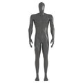 A gray male abstract mannequin with an angular head stands in a relaxed pose on an isolated background. 3d rendering