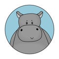 Gray male cartoon hippo is smiling. Avatar with blue background is isolated Royalty Free Stock Photo