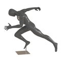 Gray male mannequin in the pose of a running man on a stand on an isolated background. Side view. 3d rendering