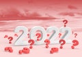 Gray 2022 with many red question mark as new year card with cloud and sky background Royalty Free Stock Photo