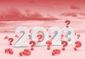 Gray 2023 with many red question mark as new year card with cloud and sky background Royalty Free Stock Photo