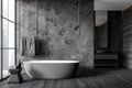 Gray marble and wooden bathroom interior with tub and sink Royalty Free Stock Photo