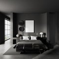 Gray master bedroom interior with vertical poster Royalty Free Stock Photo