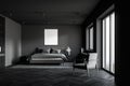 Gray master bedroom with poster and armchair Royalty Free Stock Photo