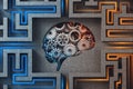 Gray maze with mechanic brain Royalty Free Stock Photo