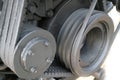 Gray metal pulleys of multi-row V-belt drive