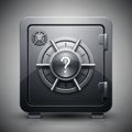 Gray metallic safe with a circular combination lock featuring a large question mark at Royalty Free Stock Photo
