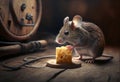 Gray mice snack on cheese in the pantry, despite the danger of falling into a mousetrap. Generative AI