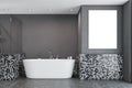 Gray mosaic bathroom with tub and poster Royalty Free Stock Photo