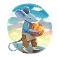 A gray mouse in blue jacket and brawn pants holds the pumpkin