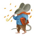 A gray mouse in blue jacket and brawn pants holds the red gift