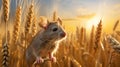 Gray Mouse in Field with Grain Spikelets AI Generated