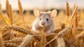 Gray Mouse in Field with Grain Spikelets AI Generated