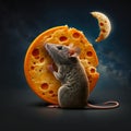 A gray mouse holding a large wheel of cheese under the cheese moon. Created with Generative AI