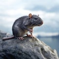 Gray mouse is perched on large rock, looking out over water. The mouse appears to be sitting or standing atop rock with Royalty Free Stock Photo