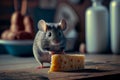 A gray mouse and a piece of cheese on the kitchen table