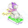 A gray mouse rolls down a sled from a mountain. Concept Christmas and winter fun