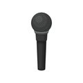 Gray musical microphone with chrome grid. Dynamic mic for karaoke. Sound recording equipment. Flat vector icon