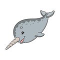 Gray narwhal. Cute flat vector illustration in childish cartoon style. Funny character. Isolated on white background Royalty Free Stock Photo
