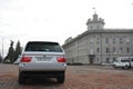 Chernigov, Ukraine - November, 2017. Gray off-road car BMW X5. A private car parked on the sidewalk.