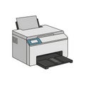 A gray office printer with a blue panel and open paper tray Royalty Free Stock Photo