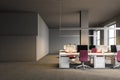 Gray open plan office interior, lockers