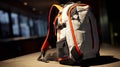 Gray and Orange Hiking Backpack Resting on a Table Indoors Royalty Free Stock Photo