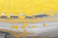 Gray paint Waves with yellow bubbles drops. Marble effect background or texture. Fluid Art. Trending colors of 2021