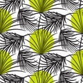 Gray palm leaves with green dots seamless vector pattern. Royalty Free Stock Photo