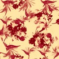 Gray Pattern Palm. Red Tropical Leaves. Brown Floral Texture. Coral Drawing Plant. Scarlet Fashion Nature.