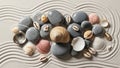 Gray pebbles and assorted seashells are arranged on light sand Royalty Free Stock Photo