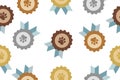 Gray Pet award symbol icon isolated on seamless pattern. Badge with dog or cat paw print and ribbons. Pet show winner