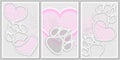 Gray and pink hearts and paws with 3d effect - wall art vector set