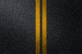 Double yellow lines on asphalt street roadway surface texture background. Royalty Free Stock Photo