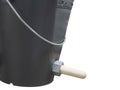 Gray plastic calf feeding bucket with nipple, isolated. Drinking bucket for calves, copy space. Dairy farm