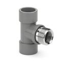 A gray plastic pipe fitting tee with a silver threaded male adapter on a white background Royalty Free Stock Photo